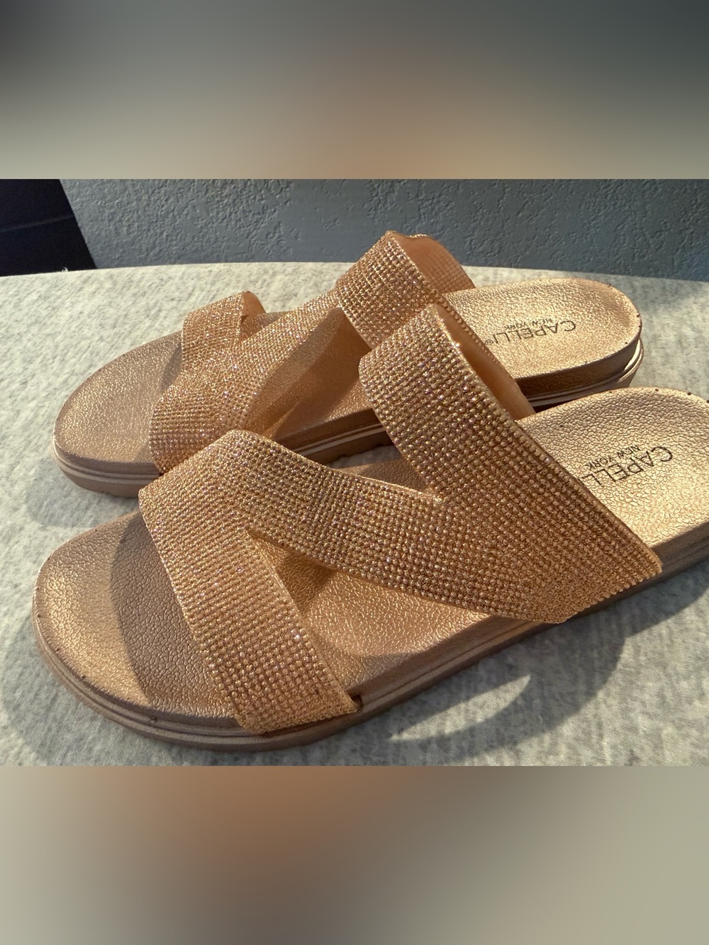 Capelli of New York Sparkling Rose Gold Crisscross Slide Sandals